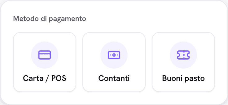 Scelta del metodo di pagamento dello scontrino: carta o POS, contanti, buoni pasto