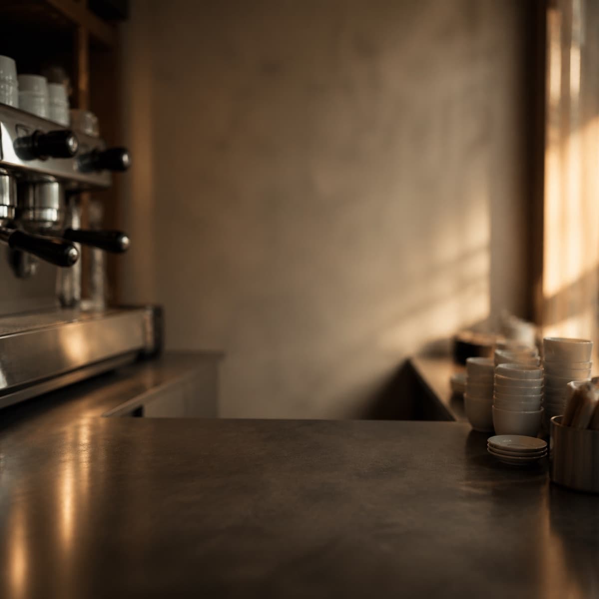 Il banco di un bar di quartiere con la macchina del caffè e le tazzine