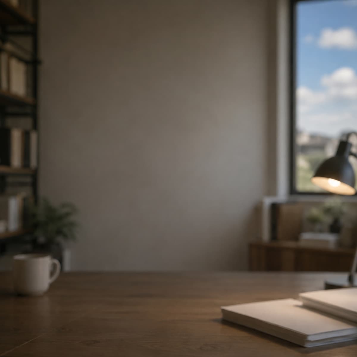 Una scrivania di studio con la lampada accesa e fogli bianchi, cielo dalla finestra